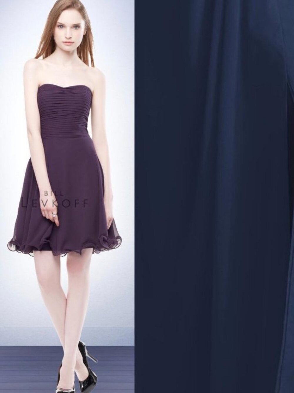 Bill Levkoff 112 Bridesmaid Dress Navy Blue Strapless Chiffon Short 12 14